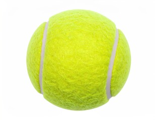 A vibrant, fuzzy yellow tennis ball with curved white lines, isolated on a clean white backdrop, capturing its texture and spherical form in detail