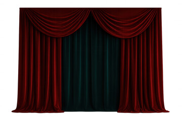Red velvet curtains framing a central green curtain on a transparent background, creating an elegant and theatrical atmosphere