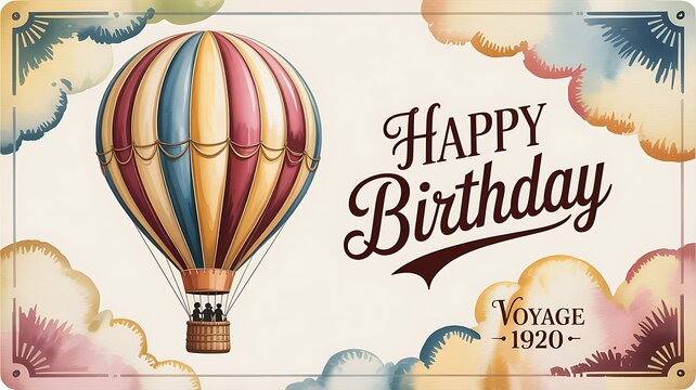 Embark on a vintage birthday adventure with this stunning hot air balloon design, perfect for invitations or celebrations evoking a sense of wonder and joyous travel.
