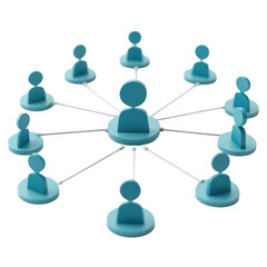 3d render of a network connection with central node and multiple connected users illustrating social media communication and organizational structure on transparent background