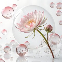 A delicate pink water lily with a bud, surrounded by bubbles. The scene conveys tranquility and beauty in nature.