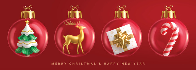 Christmas glass ball clipart set. Set of transparent xmas balls clip art collection with elements like pine tree, reindeer, gift box and candy cane in red background for Christmas and new year