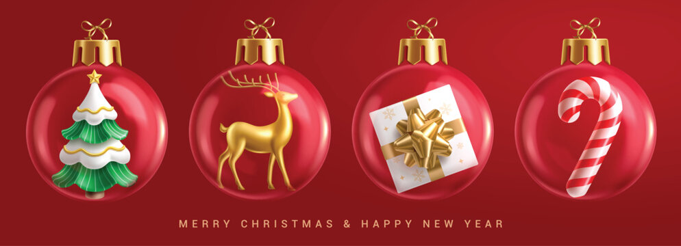 Christmas glass ball clipart set. Set of transparent xmas balls clip art collection with elements like pine tree, reindeer, gift box and candy cane in red background for Christmas and new year