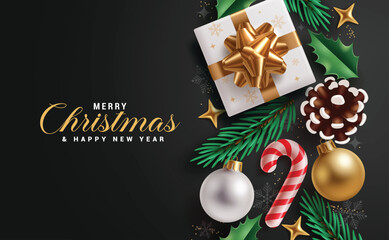 Merry Christmas greeting black clipart banner. Christmas and new year card template clip art with decoration elements like gift box, pine tree leaves, balls and candy cane for holiday season poster 