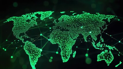 Digital world map with network connections, neon green lines - Powered by Adobe