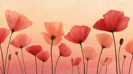 Beautiful watercolor poppy flowers in shades of red and pink create serene and artistic atmosphere. delicate petals and soft background evoke sense of calm and tranquility