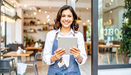 Smiling woman in a blue apron holding a tablet in front of a cafe. Warm inviting interior visible through the glass entrance
