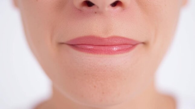 Person pronounces sounds. Words. Clear gesticulation with tongue visible inside of a mouth