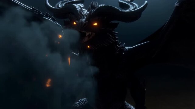 Majestic black dragon breathing fire and smoke