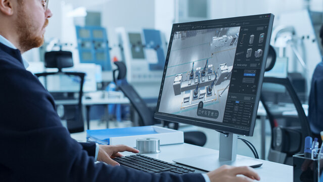 High-tech Factory Office: Industrial Design Engineer Uses 3D CAD Software to Render Autonomous Robot Arm Facility. Product Design Future Manufacturing Processes on Advanced Conveyor Assembly Line