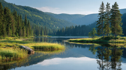 Serene landscape featuring tranquil lake surrounded by lush green forests and majestic mountains. calm water reflects vibrant greenery and blue sky, creating peaceful atmosphere