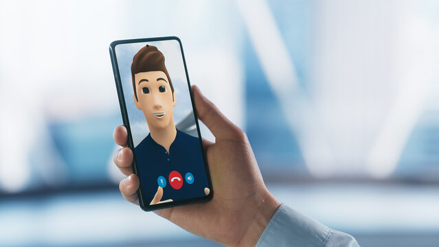 Close-up of Person Using Smartphone for Video Call With Avatar Friend. Social Media Friendly Chat and Talk With Business Colleague or a Friend. Virtual Connectivity Remote Friendship