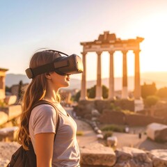 Woman explores ancient ruins with VR