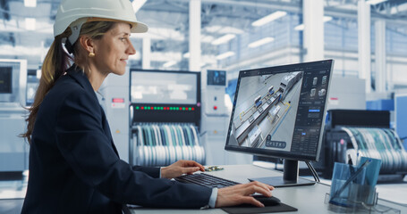 Smart Factory: Professional Engineer Works on Computer, Advanced 3D Engineering of Automated...