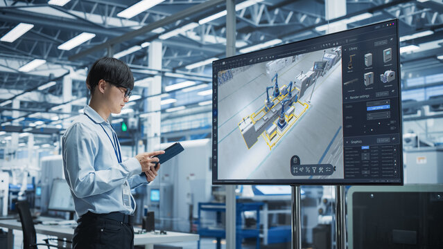 Smart Factory Innovation: Asian Engineer Analyzes Concept of Automated Production Line on Large Screen TV Screen. Using Digital Tablet Computer He Optimizes Manufacturing in Industrial Facility