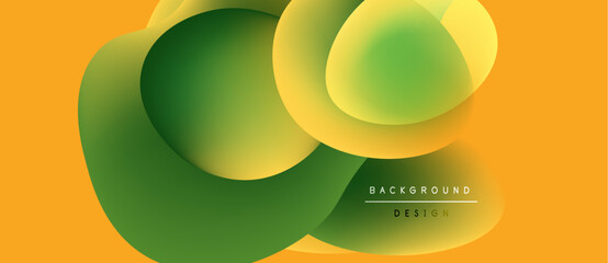 Abstract shapes overlap, creating vibrant gradients. Yellow background complements green forms. Modern design element for backgrounds.