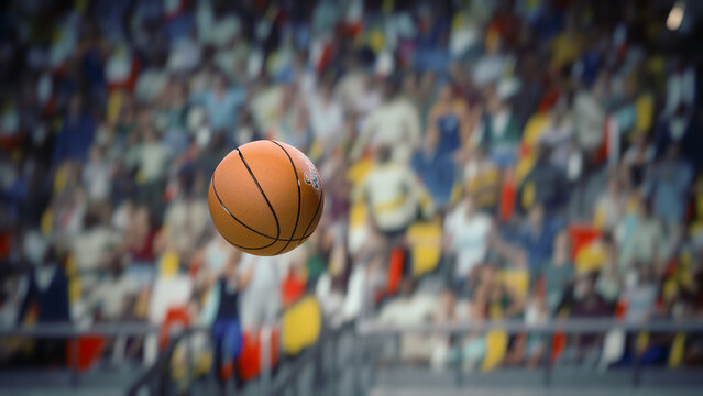 Basketball Ball in flight towards the Winning last Second Score. Ball's Motion Against a Blurred Stadium Backdrop, Championship with Crowd of Cheering Fans - Powered by Adobe