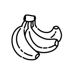 Black and white outline of a banana bunch, simple fruit line drawing symbolizing healthy food, tropical fruit, and nutrition. Minimalist banana fruit icon line art outline illustration.