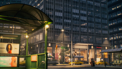 Night Shot of City Street. Skyscraper With Illuminated Office Windows. Ground Floor Businesses, Cafe, Pharmacy. Traffic Lights, Street Signs, Moving Vehicles. Motion Blur Shot
