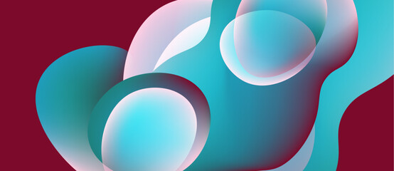 Abstract shapes overlap, creating fluid forms. Colors blendturquoise, magenta, whitesuggesting movement, depth. Smooth gradients define organic curves.