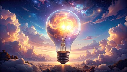 Lightbulb filled with a swirling nebula, set against a cloudscape with a dreamy sky filled with stars and vibrant colors, suggesting innovation