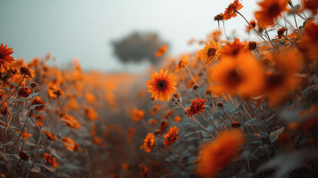Vibrant field of sunflowers in warm orange hues creates stunning visual. flowers stand tall amidst soft, blurred background, evoking sense of tranquility and beauty