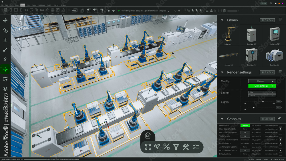 Wall mural screen replacement software mockup: advanced manufacturing factory: 3d cad software renders automate