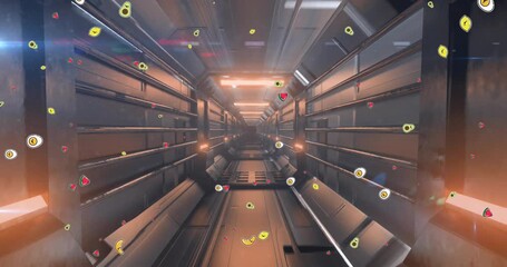 Animation of fruits falling over moving industrial tunnel - Powered by Adobe