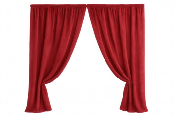Elegant red curtains gracefully opening on a transparent background, creating a sense of anticipation and drama