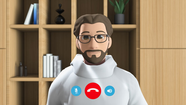 3d Animated Avatar in a Video Call Interface, Advanced Virtual Communication Technology. AI Virtual Assistant in UI App with Call Controls Highlight Sophisticated Digital, Remote Meetings