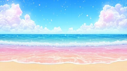 Dreamy pastel beach sky clouds illustration. Fantasy blue ocean and pink shoreline. Serene water, magical sunlight, gentle waves, whimsical landscape, calm paradise, digital art, summer nature.