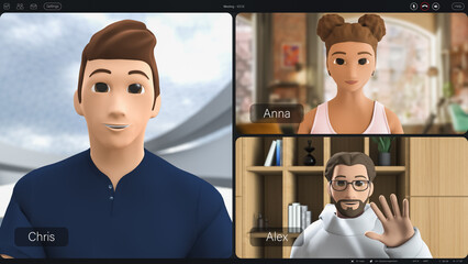 Animated Avatars in a Virtual Meeting, Showcasing Advanced Video Conferencing Technology. Real-time Interaction and Digital Collaboration Tools. Multiple Split Screen for Enhanced Remote Communication