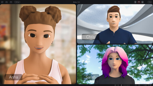 Animated Avatars in a Virtual Meeting, Showcasing Advanced Video Conferencing Technology. Real-time Interaction and Digital Collaboration Tools. Multiple Split Screen for Enhanced Remote Communication