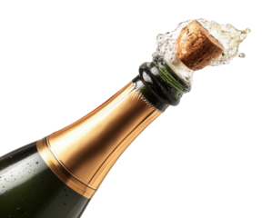 Champagne bottle with cork flying out and foam spray, celebration moment of opening sparkling wine