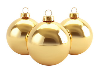 Three shiny gold Christmas ball ornaments isolated on transparent background