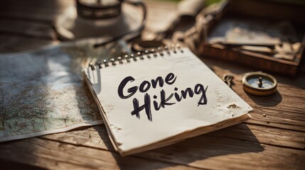 Gone hiking note with map and compass on wooden table.