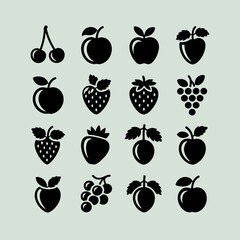 Collection of Black Fruit Icons Vector Illustration Featuring Cherries Apples Strawberries Grapes Plums and Peaches Perfect for Design