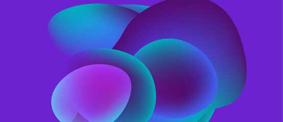 Abstract shapes overlap, creating vibrant gradients. Purple, turquoise hues dominate composition. Smooth transitions define forms. Minimalist design.