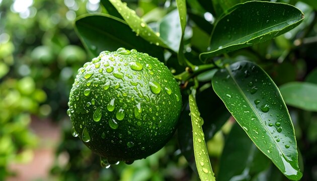A close-up of a lime covered in water droplets on a tree branch. Lush green leaves surround the fruit - Powered by Adobe