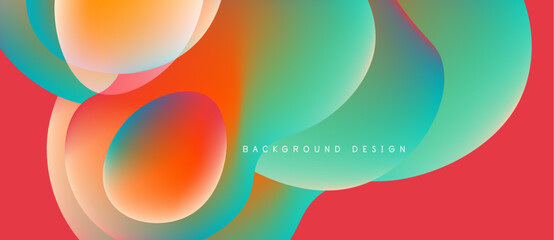 Abstract fluid shapes blend, creating vibrant gradients. Red, orange, turquoise hues dominate composition. Modern design element.