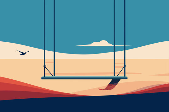 Minimalist illustration of an empty swing set against a serene landscape with a bird flying in the sky