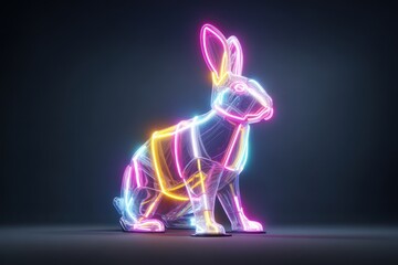 Easter Bunny Neon. Futuristic Neon Light Rabbit Sculpture Shining in Dark Digital Poster