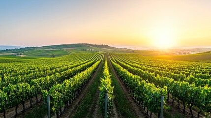 Panoramic wide angle shot of sustainable vineyard with smart irrigation drip lines along grapevines.