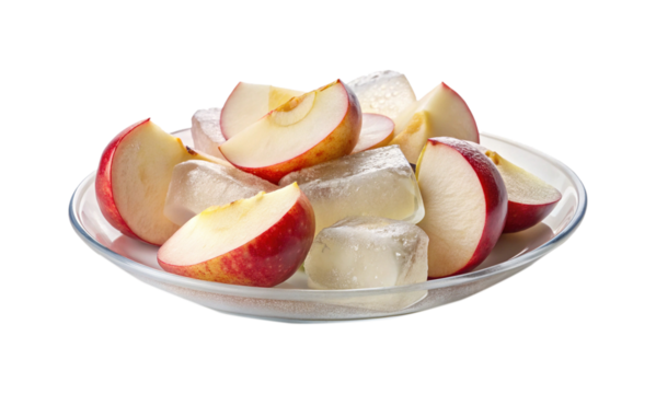 Fresh and Cooling Apple Segments and Ice Cubes in a Glass Bowl