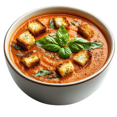 Creamy tomato soup with croutons and fresh basil in a white bowl a delicious and comforting meal perfect for lunch or dinner showcasing culinary artistry on transparent background