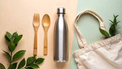Flat lay of reusable stainless steel water bottle, bamboo cutlery, and cotton shopping bag on pastel background, eco-friendly lifestyle concept,