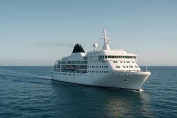 Large white cruise ship gliding smoothly across a calm blue sea under a bright, clear sky, embodying the essence of summer travel and adventure