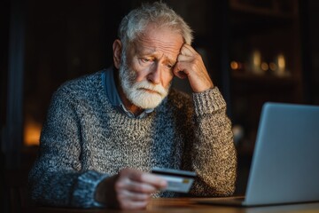 Elder Fraud. Concerned Mature Male Bank Client Worried about Finance Safety and Online Payment Security