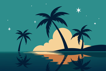 Obraz premium Serene tropical beach scene at dusk with silhouetted palm trees and a reflection on the calm water under a starry sky