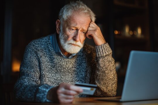 Elder Fraud. Concerned Mature Male Bank Client Worried about Finance Safety and Online Payment Security